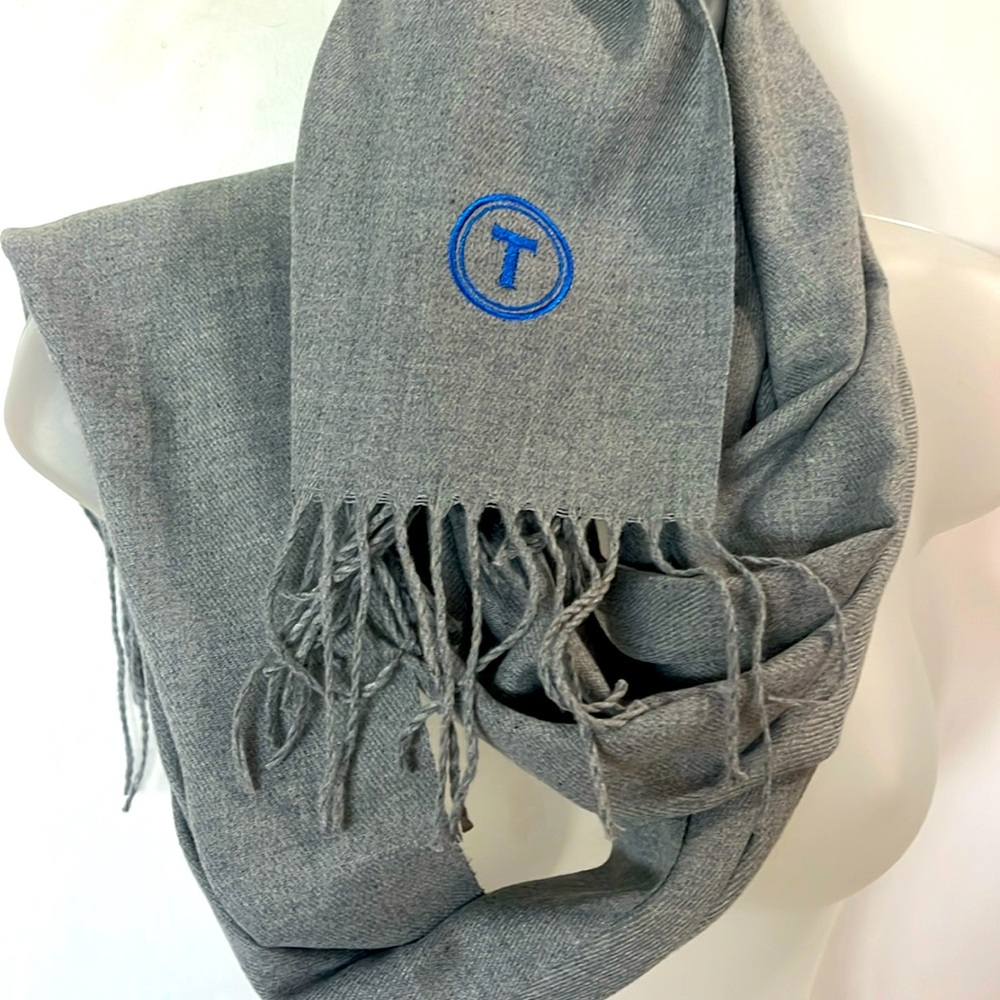 EUC Twillory soft gray scarf with fringe w/blue embroidered signature T unisex